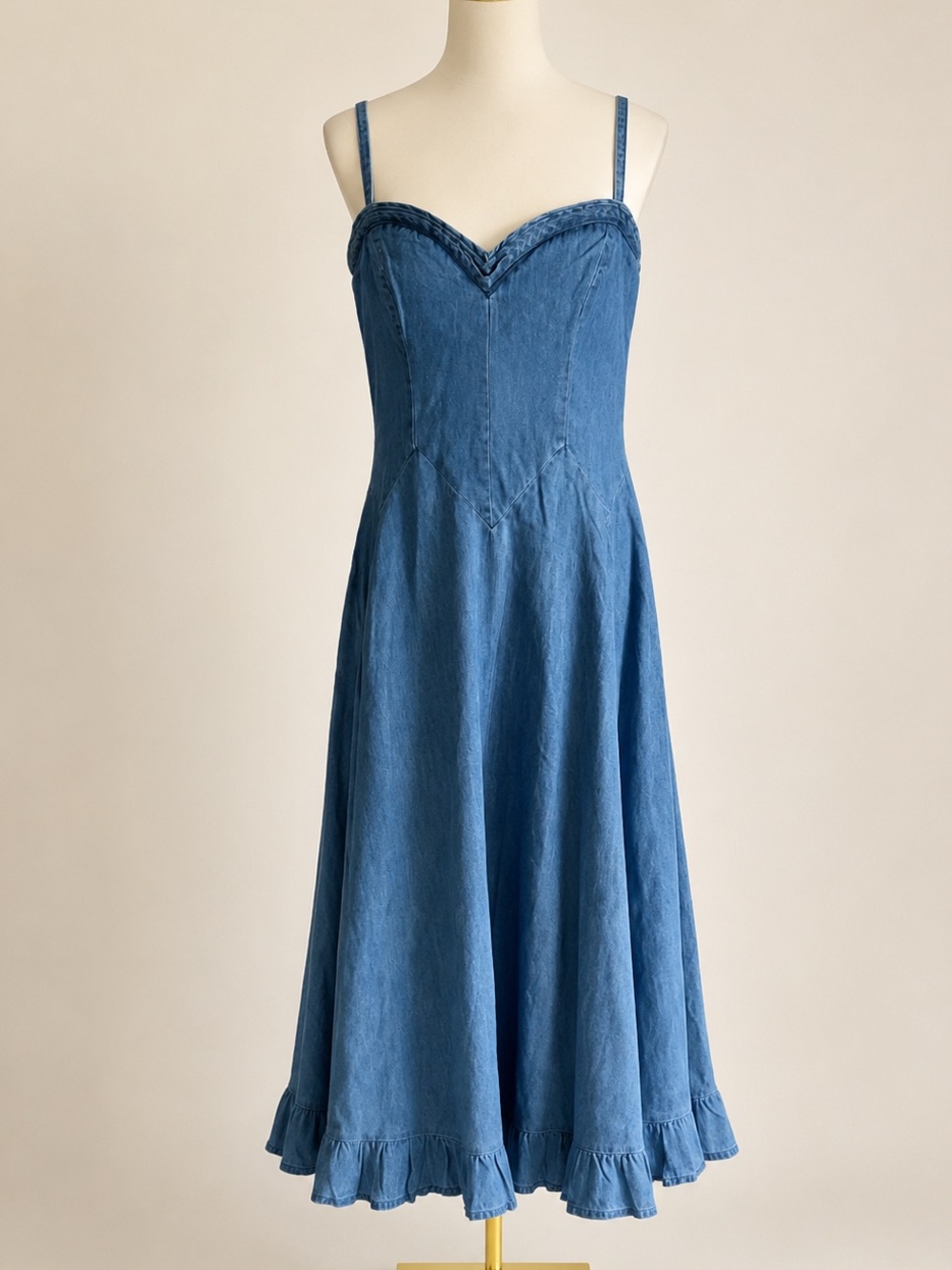 Free People Denim Maxi Dress Large NWT Sweetheart Neck Ruffle Hem Cotton Pockets - Picture 2 of 3